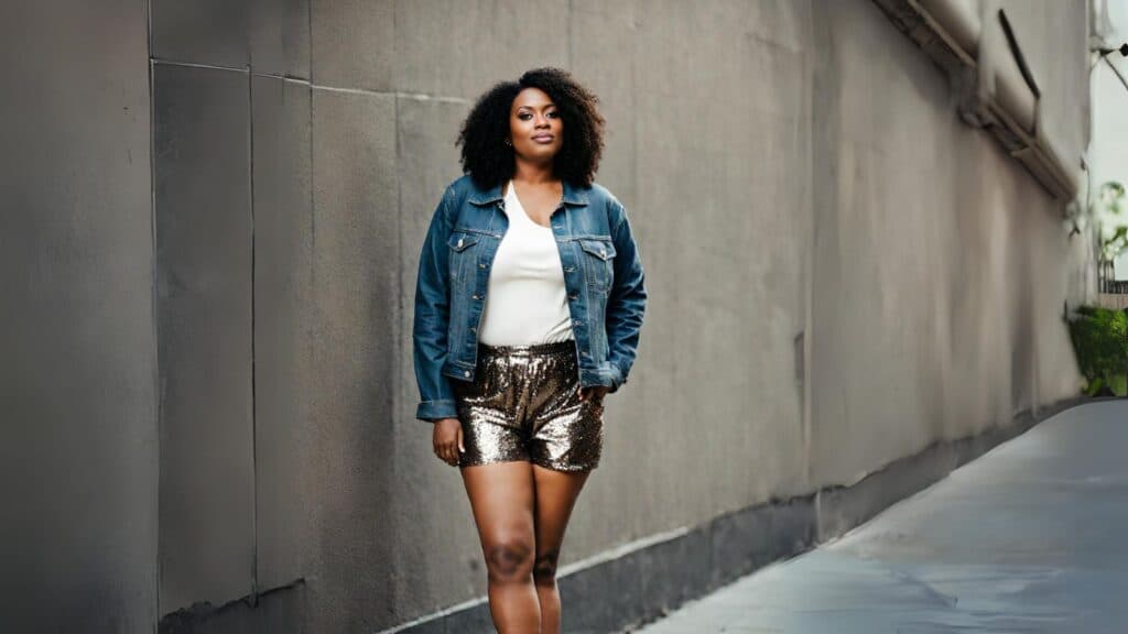 <p>Wearing sequin shorts with a denim jacket is a fabulous way to blend glamour with your typical casual outfit! The glitzy and eye-catching sequins add a dose of sparkle and playfulness to your outfit – a way to make a fashion statement.</p><p>This is a perfect fashion combination for those who are looking for something more unique for their usual casual outfits.</p>