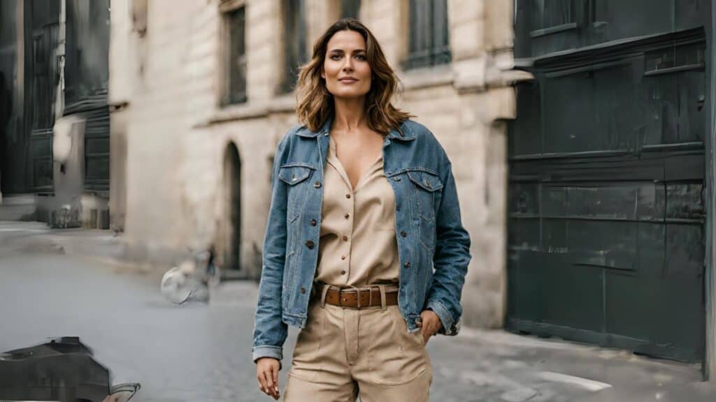 <p>Two classic casual pieces in one ensemble? That’s a total YES! Wearing a denim jacket and khaki pants creates a minimalist and fashionable duo through a harmonious blend of colors and textures. </p><p>The rugged, indigo hue of the denim contrasts elegantly with the earthy tones of khaki and this neutral palette embracing the outfit makes it quite easy to accessorize because of how versatile it is!</p>