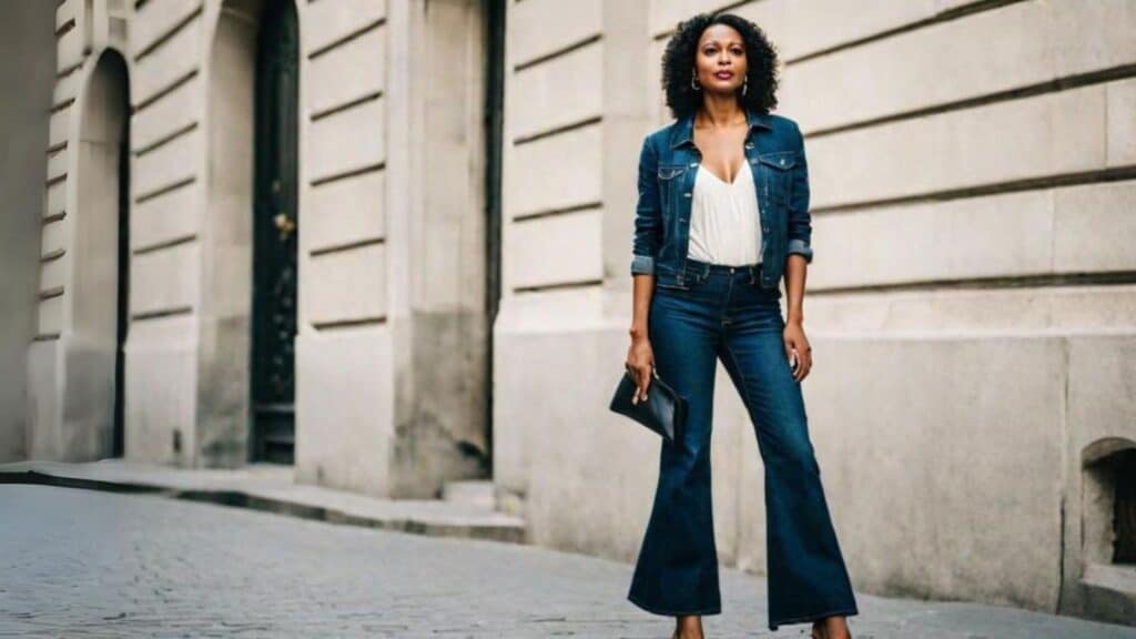 <p>Now, talking about an outfit that screams full retro fashion – a denim jacket with flare jeans! This denim-on-denim look creates visual continuity because of its well-coordinated look and texture uniformity.</p><p>The fitted and structured nature of the denim jacket perfectly complements the volume that the flare has and therefore creates a visually proportionate look.</p>