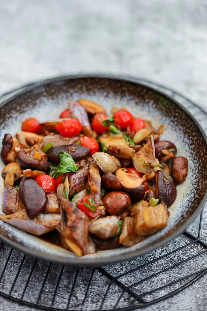 Stir Fried Eggplant, Mushroom and Tomatoes