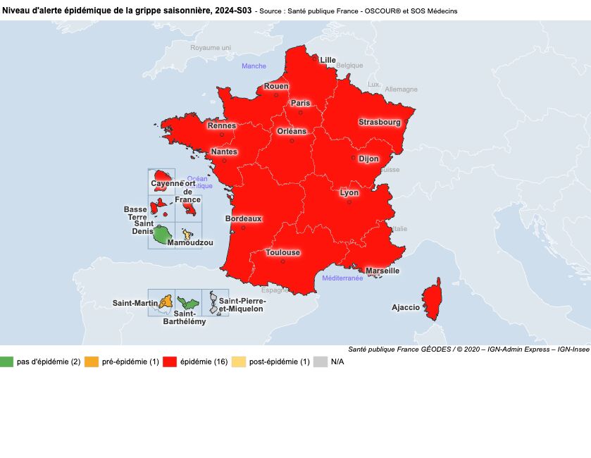 CARTE grippe 2024 l'épidémie s'intensifie, toutes les régions sont