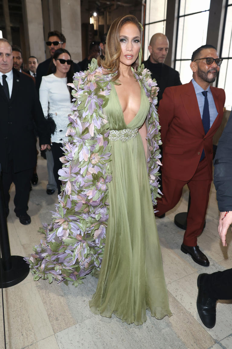 Jennifer Lopez steals the show in plunging green gown and floral cape ...