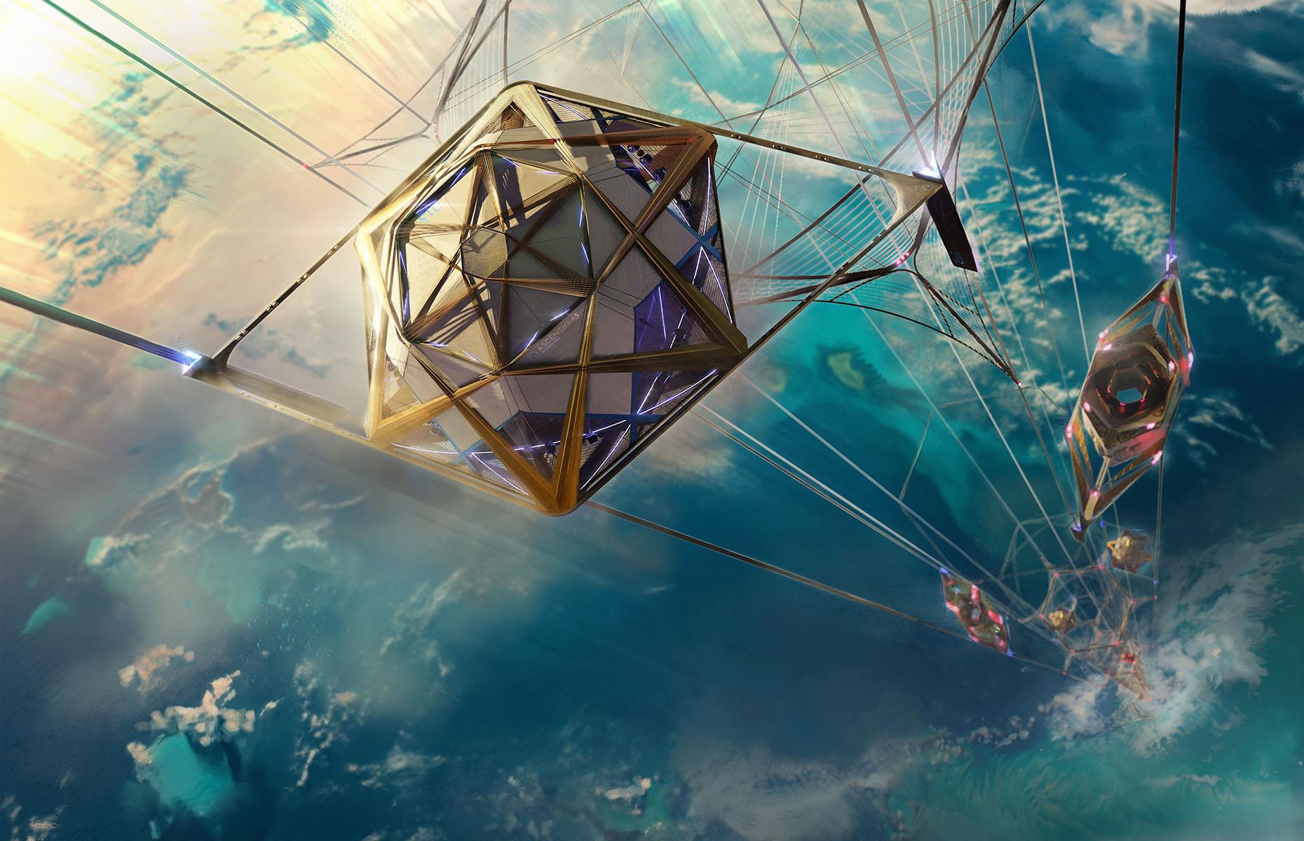 <p>British architect Jordan William Hughes won the 2023 Jacques Rougerie International prize for this incredible design for an elevator that could seriously simplify space travel. Using existing research by engineers and physicists, Hughes' design would create a tether between an ocean-based 'spaceport' and a captured asteroid in geostationary orbit, according to <em>Dezeen</em>. People and cargo could then shuttle between the two in small drones as an alternative to rockets, which Hughes believes are inefficient and environmentally damaging.</p>