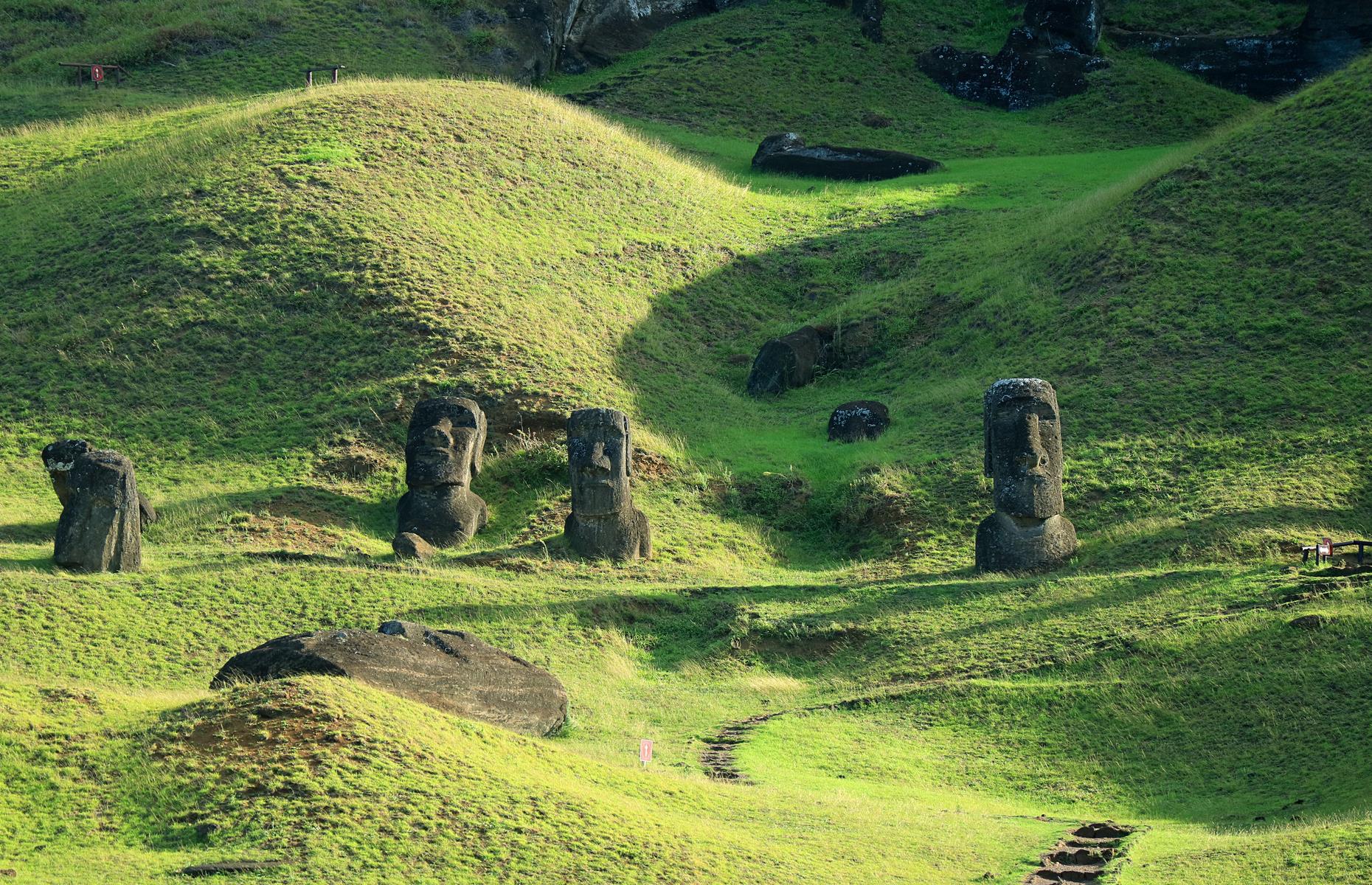 <p>The distinct figures, with their disproportionately giant heads, are thought to honor the Rapa Nui people's ancestors. They are made out of volcanic rock, which was quarried on the island, and reach an average height of 13 feet. They mostly face inland, which is thought to signal guardianship of the land. Bizarrely, by the 18th century all the Moai had been toppled over. Some sources suggest it was due to a civil war or as a protest by the islanders following the arrival of Europeans. They've since been restored. </p>