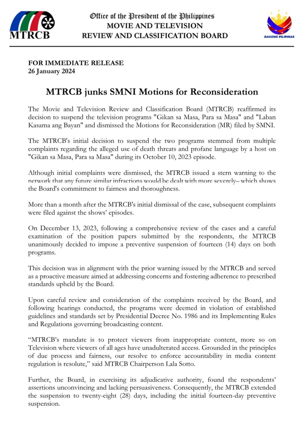 mtrcb denies smni's motion for reconsideration, extends suspension of 2 shows