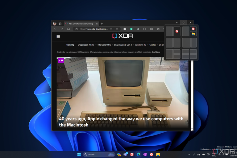 Screenshot of a Microsoft Edge windows in Windows 11 with snap layouts suggesting apps to snap alongside the active window