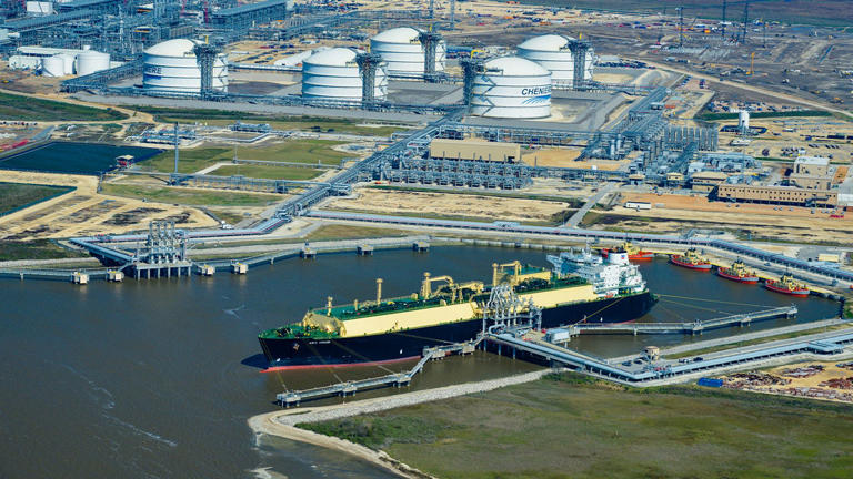 The Asia Vision LNG carrier ship sits docked at the Cheniere Energy Inc. terminal in this aerial photograph taken over Sabine Pass, Texas, U.S., on Wednesday, Feb. 24, 2016. Cheniere said in a statement last month. Cheniere Energy Inc. expects to ship the first cargo of liquefied natural gas on Wednesday to Brazil with another tanker to be loaded a few days later, marking the historic start of U.S. shale exports and sending its shares up the most in more than a month. Photographer: Lindsey Janies/Bloomberg via Getty Images Lindsey Janies/Bloomberg via Getty Images