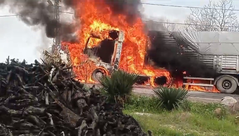 yol kenarına bırakılan tır alev topuna döndü