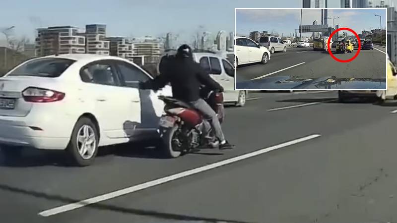 otomobilin aynasını kıran motosikletli, saniyeler içinde kaza yaptı!