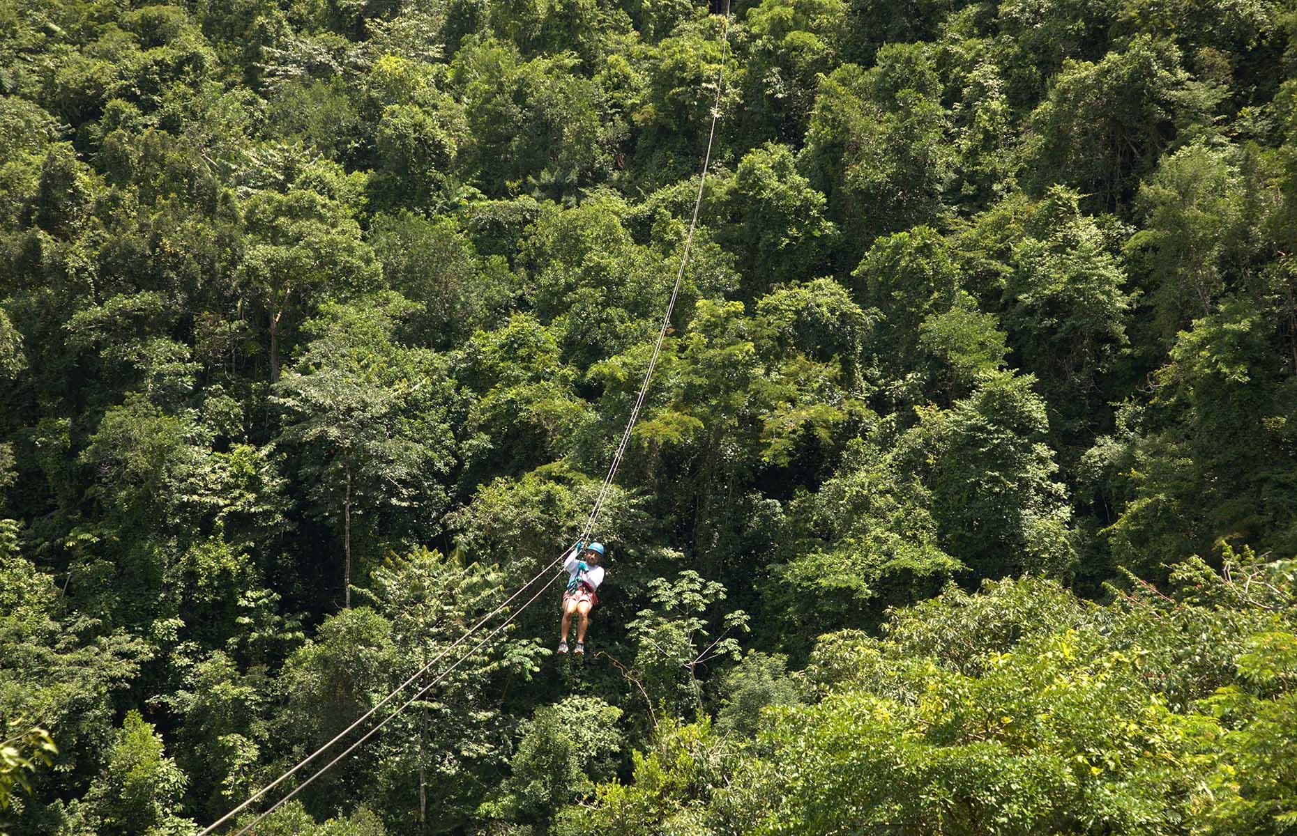 <p>A strange mixture of adrenaline and serenity, it's hard to quite describe the feeling of soaring above the canopy across a steep-sided river valley, impenetrable jungle rising on both sides as far as the eye can see. Seven zip lines criss-cross the South Stann Creek River – a short drive from the Maya King Waterfall and often included in the same tour – sending tourists hurtling between a series of sturdy wooden platforms barely visible among the trees. The rush of wind can feel overwhelming, but remember to look around and take in a view usually enjoyed only by helicopter cameramen filming nature documentaries.</p>