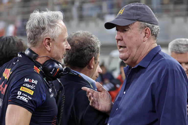 BAHRAIN, BAHRAIN - MARCH 05: Jonathan Wheatley of Great Britain and Oracle Red Bull Racing (L) and Jeremy Clarkson of Great Britain (R) talk before the F1 Grand Prix of Bahrain at Bahrain International Circuit on March 5, 2023 in Bahrain, Bahrain. (Photo by Qian Jun/MB Media/Getty Images)