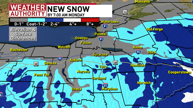 Elevation variation in snow accumulation for Sunday and Sunday night