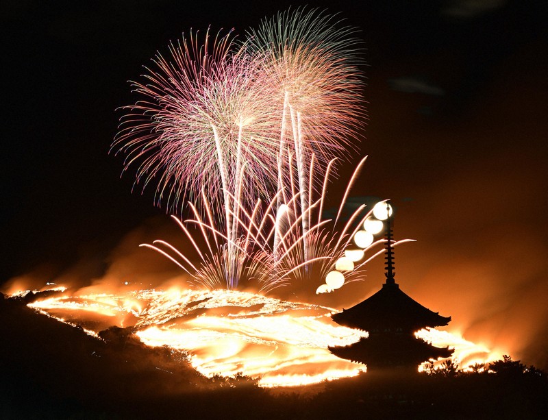 japan photo journal: mountain burning, fireworks create fantastical image in nara