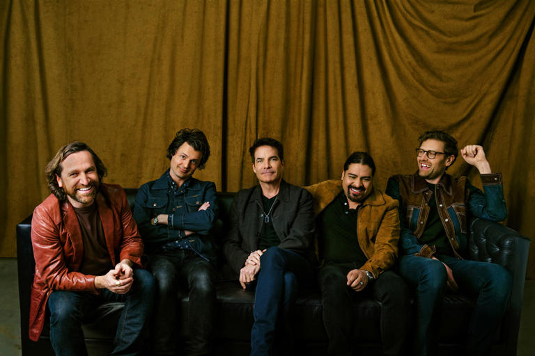 The members of Train (from left) - Jerry Becker, Taylor Locke, Pat Monahan, Hector Maldonado and Matt Musty - will embark on a 45-date tour with REO Speedwagon this summer.