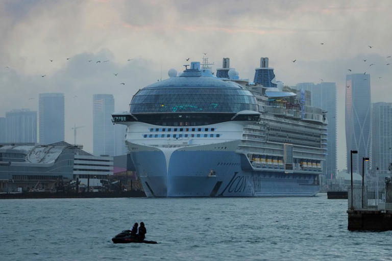 Icon of the Seas, the world’s largest cruise ship, sets sail from PortMiami on its first public cruise, as seen from Miami Beach, Fla., Saturday, Jan. 27, 2024. (AP Photo/Rebecca Blackwell)