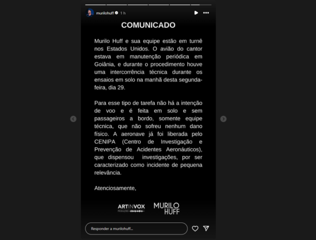 Comunicado feito pela equipe de Murilo Huff  Reproduo/Instagram