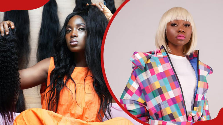Two black models display various types of wigs and extensions. Photo: pexels.com, @kobby-brown-481977211, @godisable-jacob-226636 (modified by author) Source: UGC
