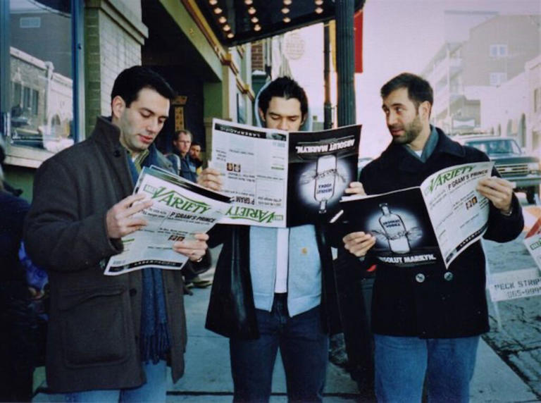 Director Jim Fall (R), his brother Patrick Fall (L) and actor John Paul Pitoc (C) attend the premiere of 'Trick' at the Sundance Film Festival on Jan. 27, 1999. Courtesy of Jim Fall