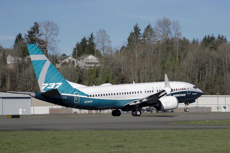 A Boeing 737 MAX 7 takes off on its first flight on March 16, 2018, in Renton, Washington.