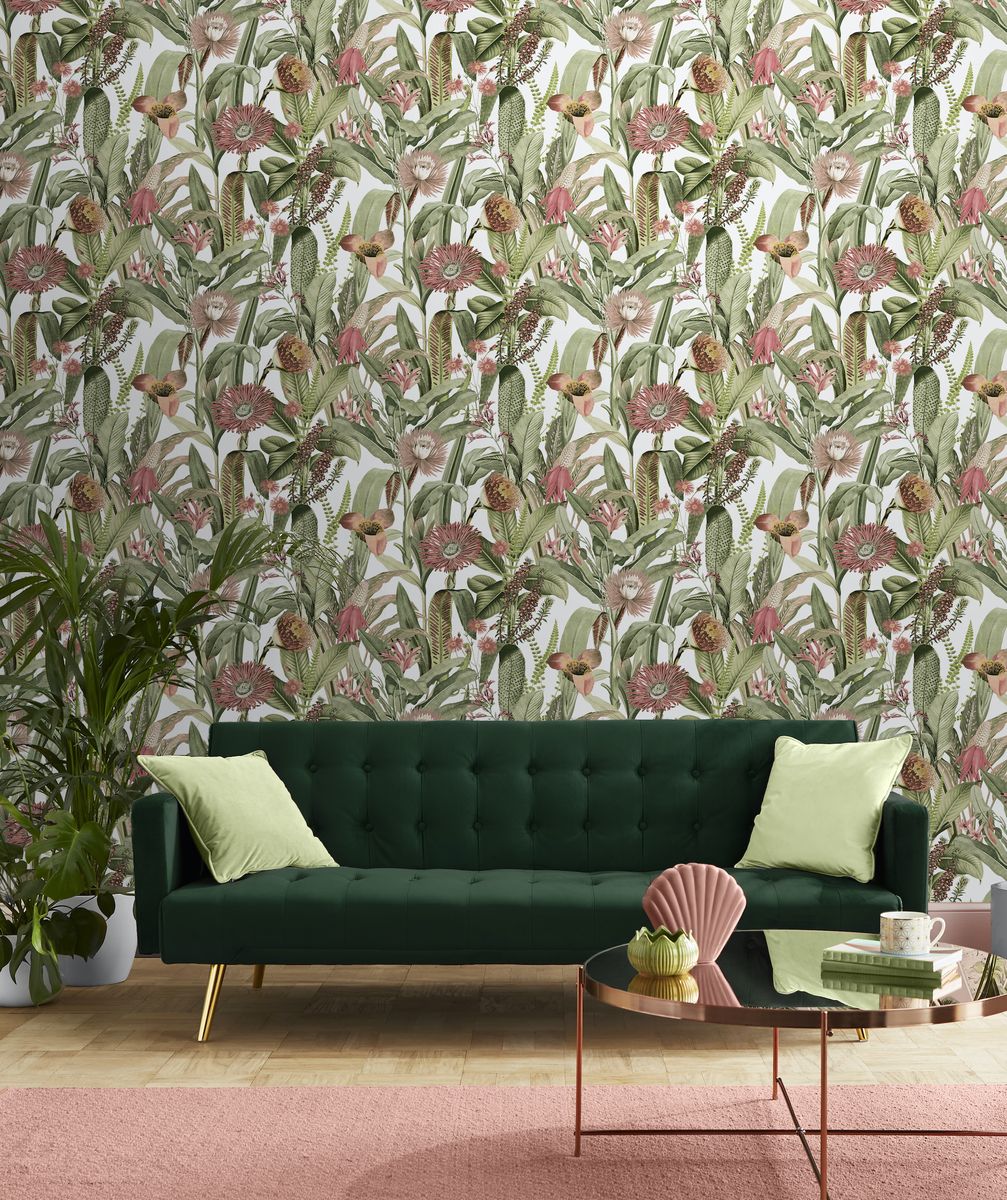 <p>This gorgeous design — featuring muted pink florals and crisp green leaves — will transport you to a luscious summer garden. Fun yet liveable, it's ideal for anyone looking to shake up their living room scheme (and create real wow factor).</p><p><em>Pictured: 'Tigerlily Lush' wallpaper, <a href="https://www.grahambrown.com/uk/tigerlily-lush-wallpaper/118024-master.html">Graham & Brown</a>, £65</em></p>
