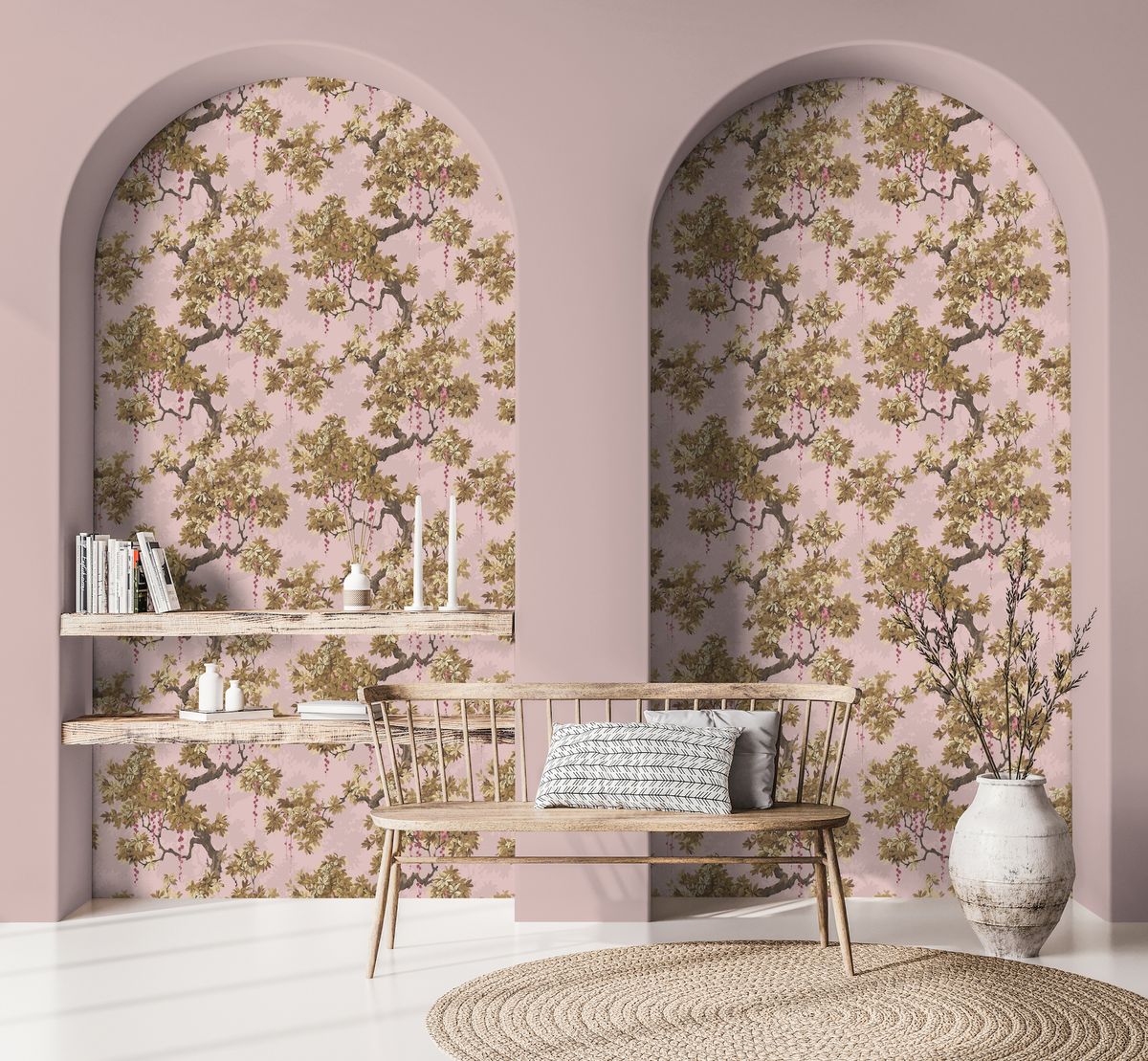 <p>Do you have arched alcoves in your living room? This more traditional, retro-style floral wallpaper is used in a wonderful way. The patterned paper really makes these arches stand out, especially set against the plain dusky pink wall. Shelves have been placed in front of it, but it's the shape that adds personality to this room and showcases the wallpaper. </p><p><em>Pictured: Floresta wallpaper in pink; Pink Cloud emulsion, both <a href="https://www.woodchipandmagnolia.co.uk/">Woodchip & Magnolia</a></em></p>