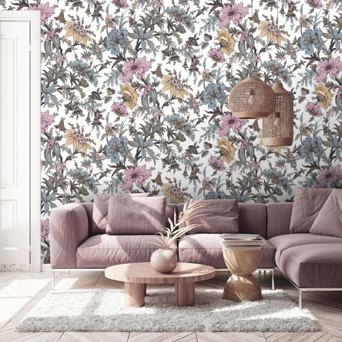 <p>You can't go wrong with a floral living room wallpaper. Pick a bold and whimsical pattern to make a statement.</p><p>'Wallpaper can help make small spaces feel more intimate and add interest to larger rooms by creating another layer of pattern, and there is no rule regarding the scale of design – using a large design in a small environment can make a striking visual statement,' says Patrick O’Donnell, Brand Ambassador at <a href="https://www.farrow-ball.com/">Farrow & Ball</a>.</p><p><em>Pictured: Onism Ecru, <a href="https://www.woodchipandmagnolia.co.uk/products/onism-ecru-floral-wallpaper">Woodchip & Magnolia</a></em></p>