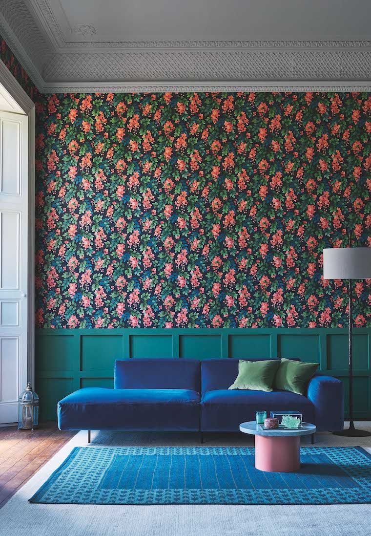 <p>Love jewel colours? Bring colour and character to your living room with punchy hues. Team <a href="https://www.housebeautiful.com/uk/renovate/diy/a35288060/how-to-panel-wall/">wall panelling</a> with a pretty, floral wallpaper design to make your room sing with personality. </p><p><em>Pictured: Bougainvillea (Rouge, Leaf Green & Cerulean Sky on Charcoal), <a href="https://www.wallpaperdirect.com/products/cole-son/bougainvillea/167257">Cole & Son</a></em></p>