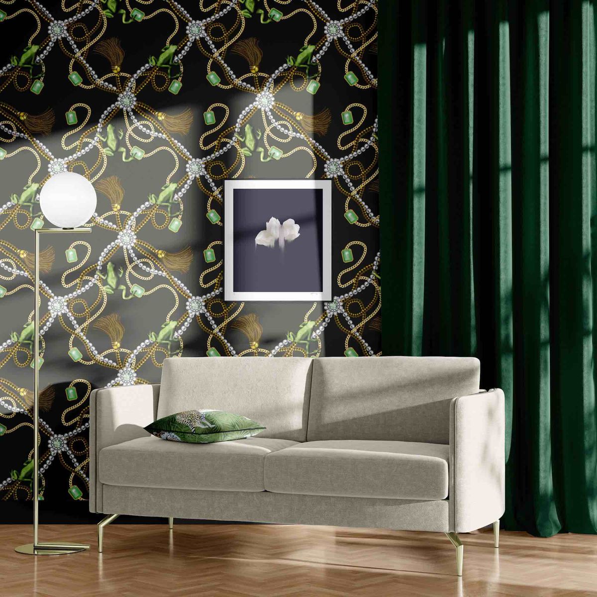 <p>For the eccentrics amongst us, use this wallpaper on all four walls, but it would also be fabulous on a feature wall. With sweeping tangles of chains, pearls, jewels and frogs, it’s like being inside a fairy tale.</p><p><em>Pictured: Tiana Antique, <a href="https://thecuriousdepartment.com/products/tiana-antique-wallpaper">The Curious Department</a></em></p>
