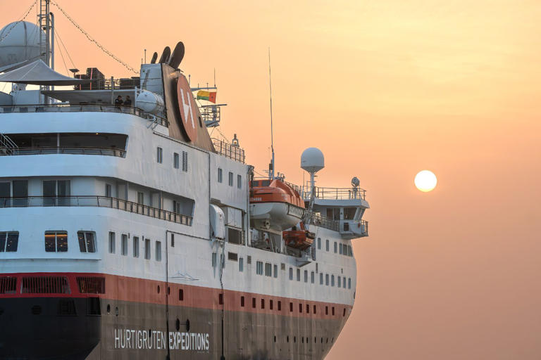 MS Spitsbergen cruise ship at sea during sunset