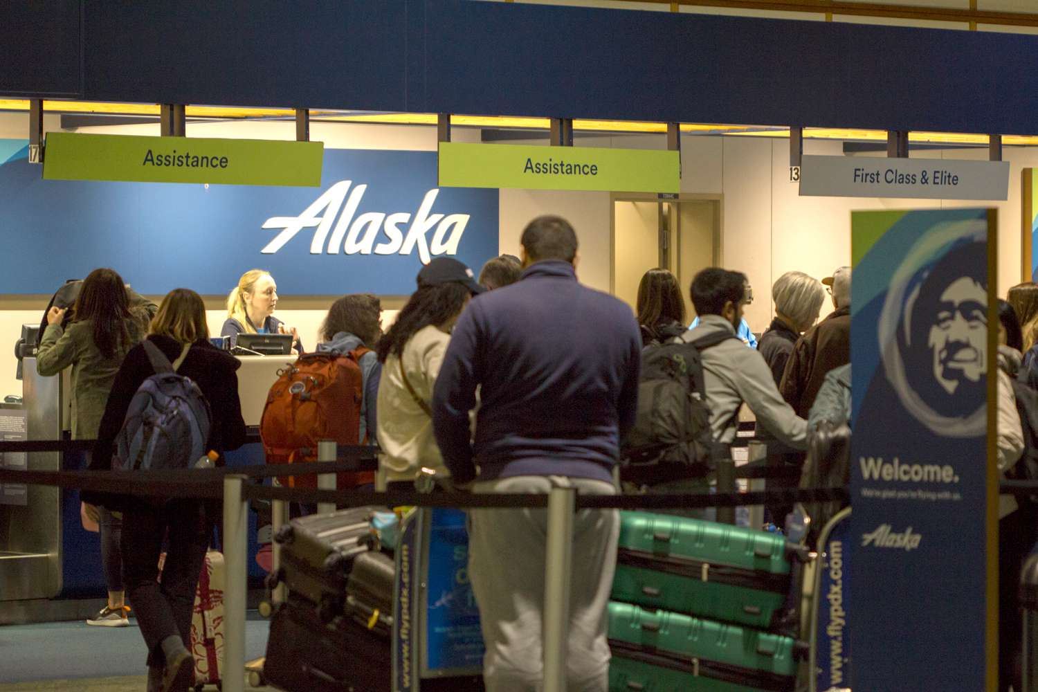 <a>Getty Alaska Airlines check-in counter at Portland International Airport.</a>