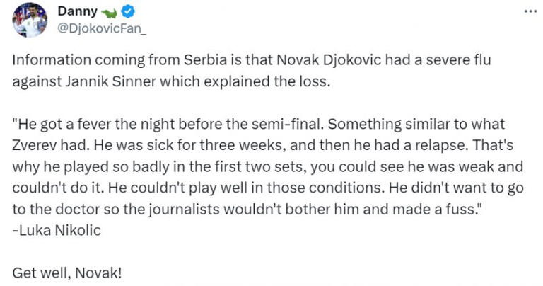 Novak Djokovic illness explained on X