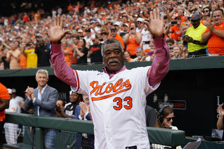 former Baltimore Oriole and Hall of Famer Eddie Murray is introduced during pregame ceremonies honoring the 1983 World Champion Baltimore Orioles prior to the game against the New York Metsat Oriole Park at Camden Yards in Baltimore, Maryland on August 5, 2023.