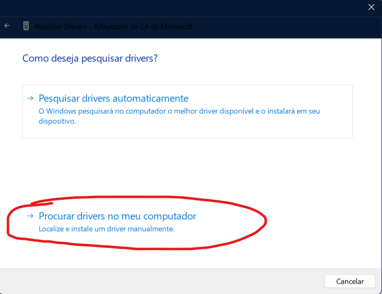 Tela para instalar drivers manualmente no PC