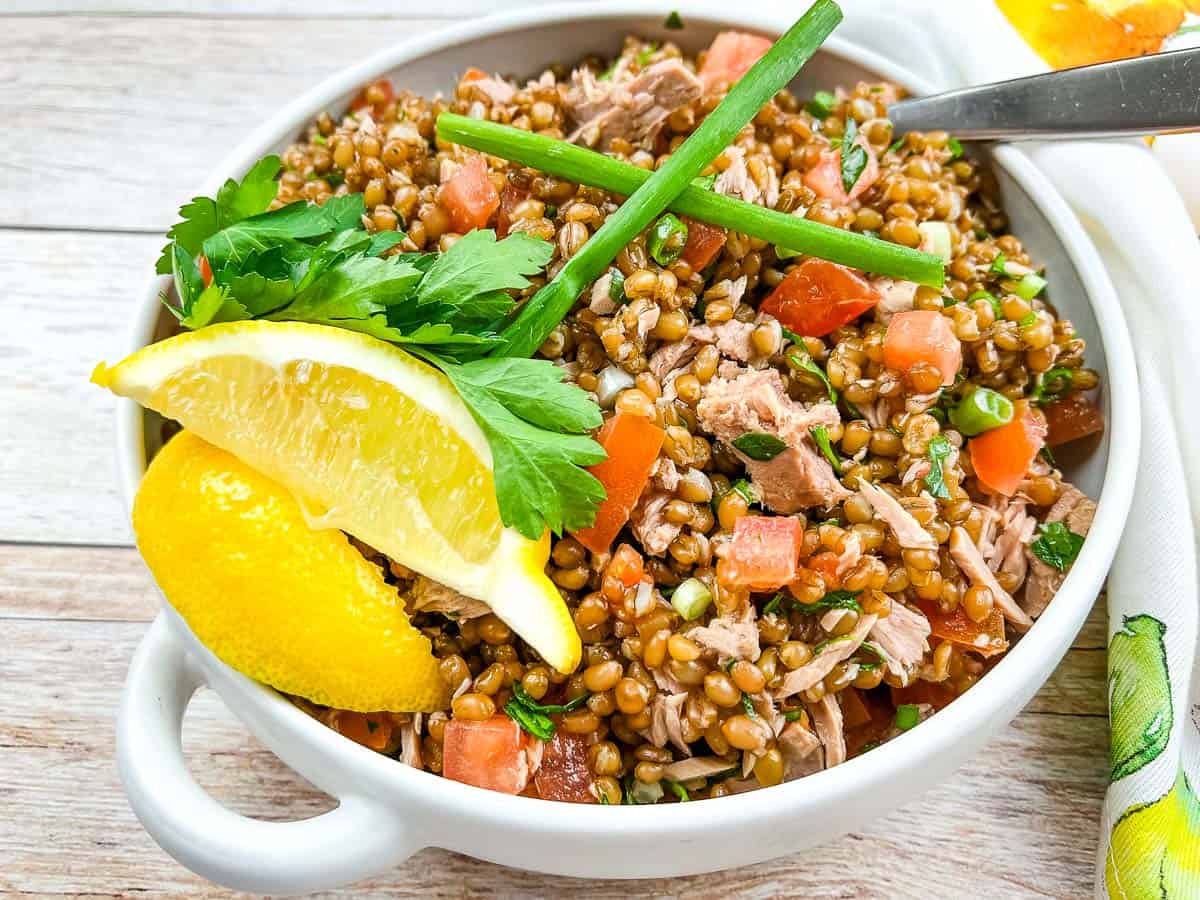 Wheat Berry Salad with Tuna & Tomatoes. Photo credit: Cook What You Love.