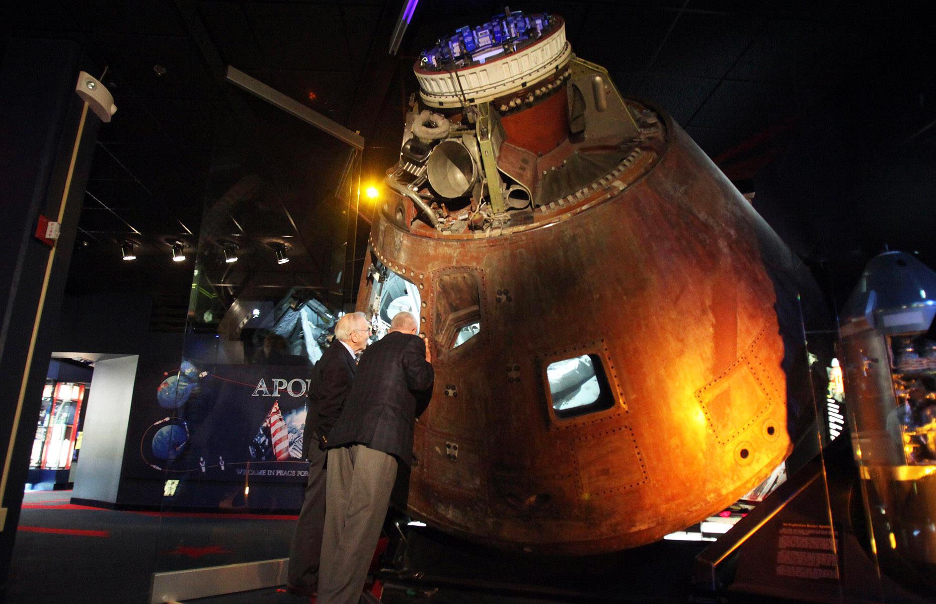 <p>Against all the odds, the crew of the Apollo 13 mission managed to get back to Earth in one piece following a catastrophic oxygen tank explosion in its command module, the Odyssey. The US spacecraft splashed down in the South Pacific Ocean on April 17, 1970 and now resides at the Kansas Cosmosphere and Space Center. </p>  <p>This picture shows James Lovell Jr. and Fred Haise Jr., two of the three astronauts onboard the stricken craft, peering inside the restored module.</p>