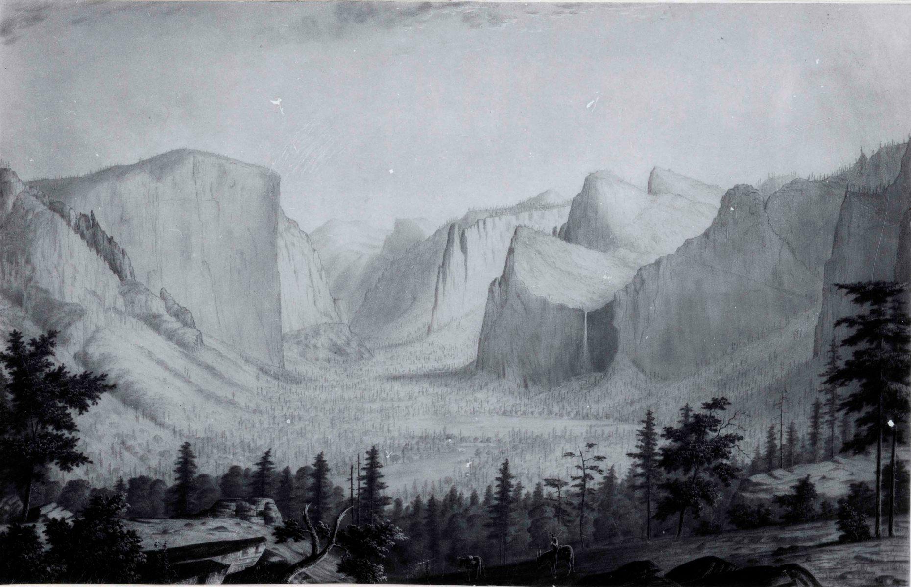 <p>The natural sanctuary offered by the valley's seclusion afforded its Indigenous residents some protection against Mexican, Spanish and other European-American colonists, but the California Gold Rush of 1848 marked a troubling turning point in Yosemite’s history. Thousands of miners and settlers descended upon the foothills of the Sierra Nevada, and tensions came to a head in 1851 when the Mariposa Battalion (sanctioned by the new state of California) burned the villages of the Miwuk peoples and took their ancestral lands. This 1855 drawing of Yosemite Valley is by Thomas Ayres.</p>