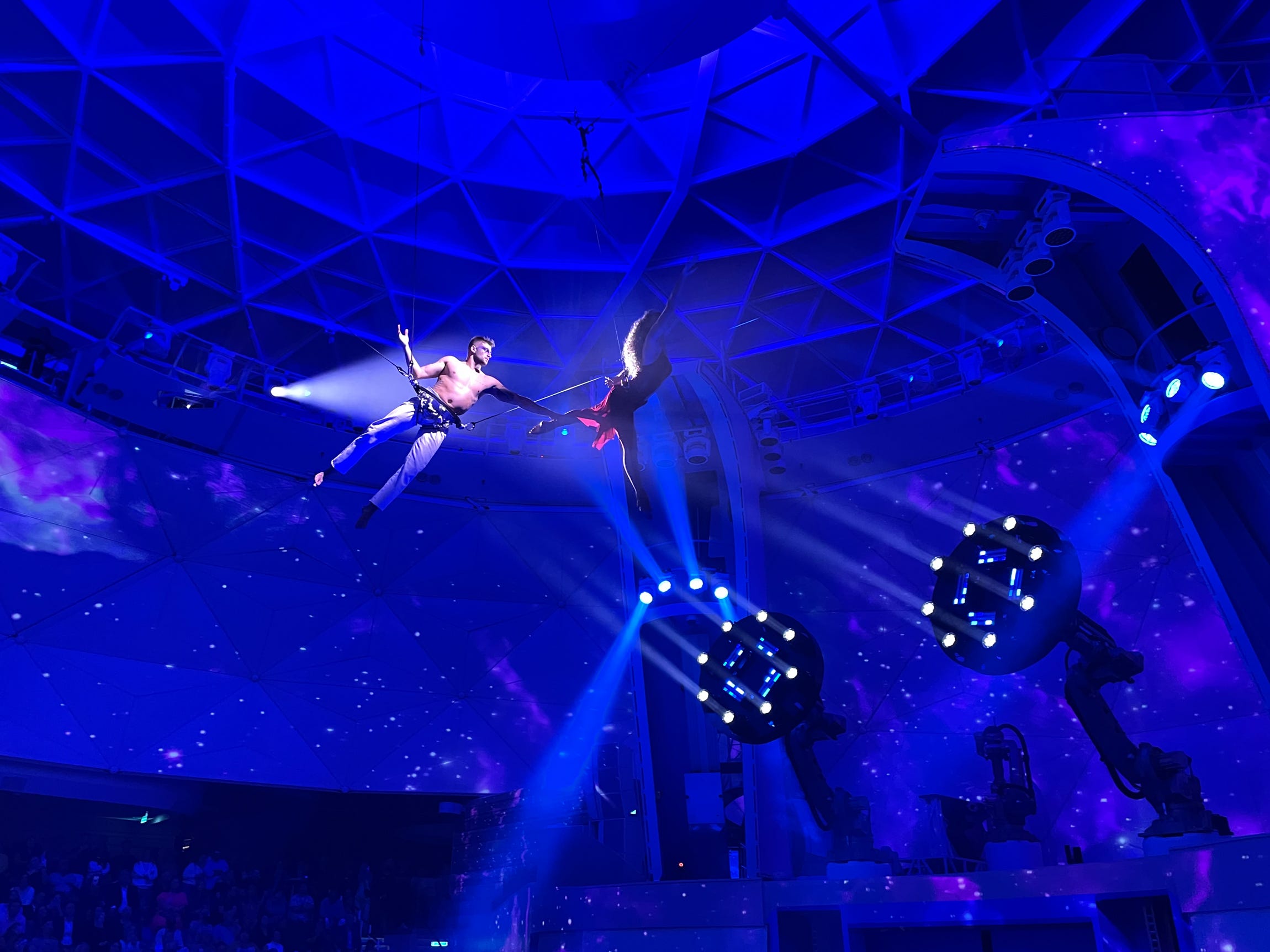 <p>This display of divers, nine-foot-tall robotic arms, synchronized swimmers, and skateboarders replaces the typical (ahem, cringe) cruise song-and-dance show.</p><p>No ice skaters are in this performance, though — they're busy with the ship's other ice skating show.</p>