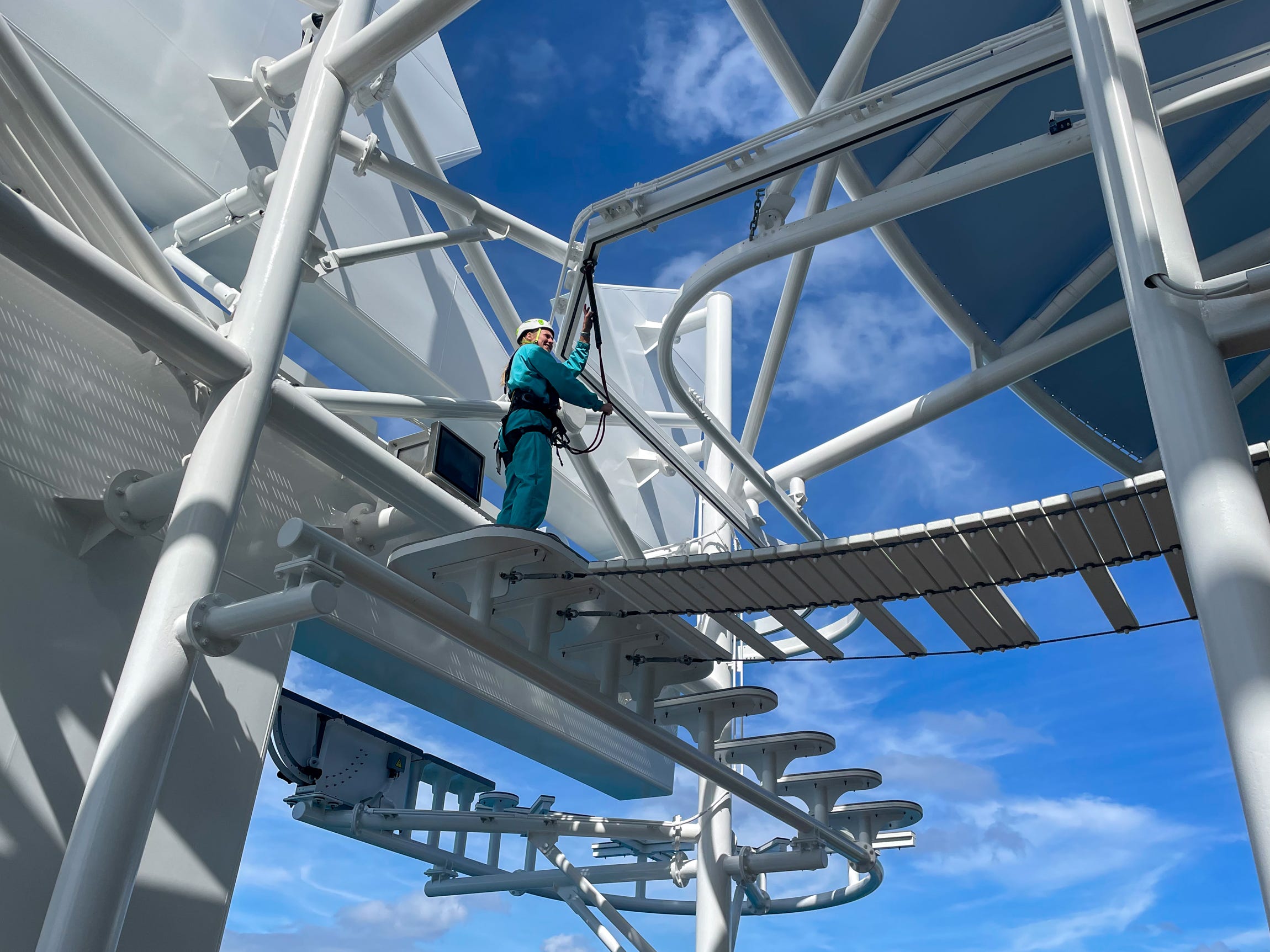 <p>While there, guests can step into a harness to traverse one of the ship's most adrenaline-pumping activities: Crown's Edge. Expect to dangle 154 feet above the ocean when the floor unexpectedly drops from under your feet.</p>