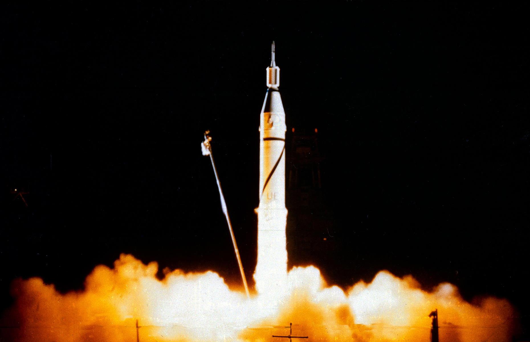 <p>Hot on the heels of the Soviets, the USA launched its debut satellite on January 31, 1958. Explorer 1 was the first spacecraft to detect the Van Allen radiation belt. It remained in orbit until 1970, vaporizing on reentry over the Pacific Ocean.</p>  <p>This image shows a NASA Jupiter C rocket launching the Explorer 1 satellite into orbit at the Cape Canaveral Air Force Station Launch Complex.</p>