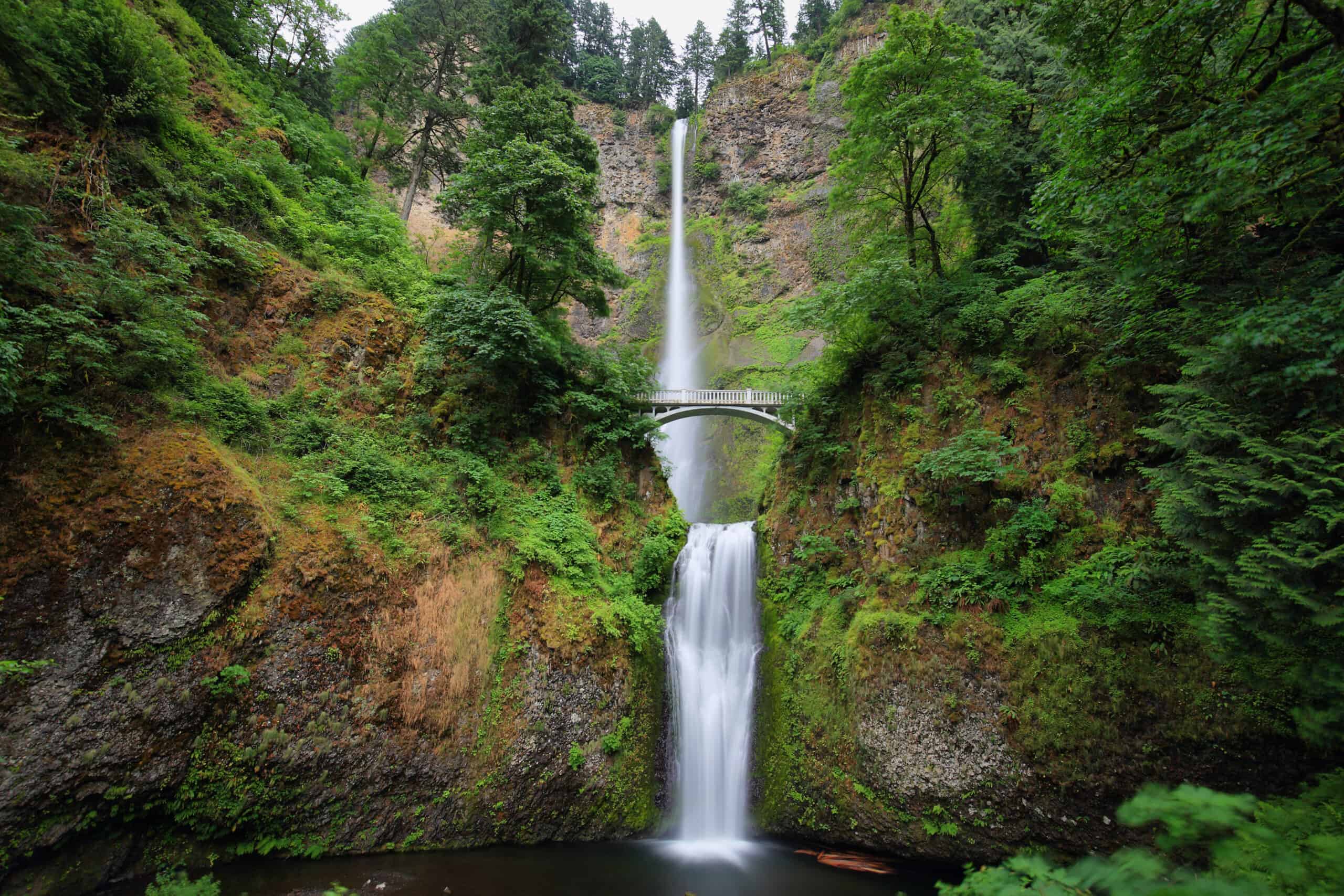 <p>Multnomah Falls is just outside of Portland, along the highway that runs along the Oregon-Washington border that follows the Columbia River. The waterfall has two tiers of basalt cliffs and is the tallest waterfall in Oregon at 620 feet. The roadside attraction is open year-round, with hiking trails and a scenic viewpoint. In the winter, the falls sometimes freeze, making for great photos. The Multnomah tribe has an origin story for the falls that tells the tale of a young woman who jumped off the cliff in a selfless sacrifice to save the village, and after her death, water started falling from the cliffs.</p>