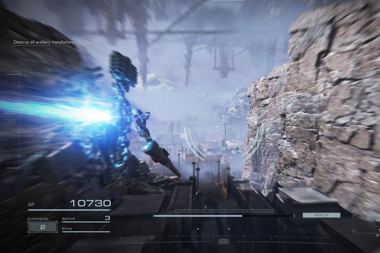 An in-game screenshot of Armored Core 6 depicting motion blur