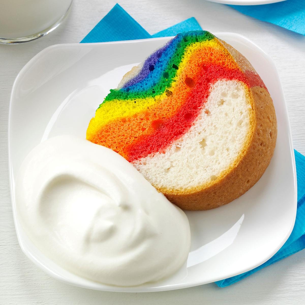<p>Some cakes stand on their own without icing. For this bright Rainbow Cake, use a little whipped cream to make fluffy clouds. —Janet Tigchelaar, Jerseyville, Ontario</p> <div class="listicle-page__buttons"> <div class="listicle-page__cta-button"><a href='https://www.tasteofhome.com/recipes/rainbow-cake-with-clouds/'>Go to Recipe</a></div> </div>