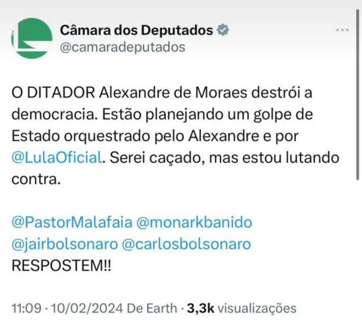 Perfil da Câmara dos Deputados no X (antigo Twitter) sofre ataque hacker com menções a Carlos Bolsonaro, Silas Malafaia e Monark Foto: @camaradeputados via X (postagem foi apagada posteriormente)