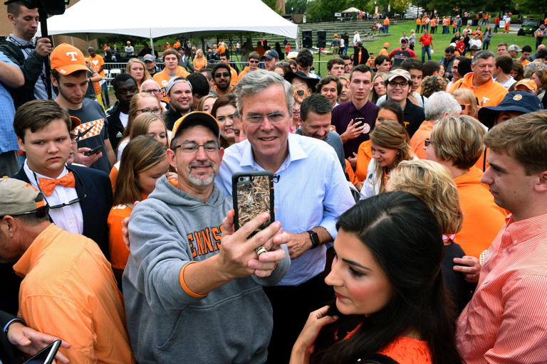 Jeb Bush posed after every request for a selfie while visiting the University of Tennessee campus before the Tennessee vs. Georgia game Saturday, Oct. 10, 2015. Jeb Bush At Ut Ballgame 2015