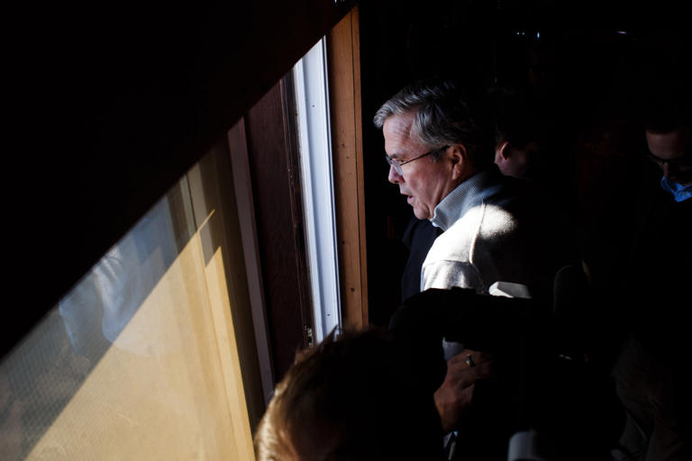 Republican presidential hopeful Jeb Bush leaves following a campaign event at Greasewood Flats Ranch in Carroll, Iowa in Carroll, IA on January 29, 2015.