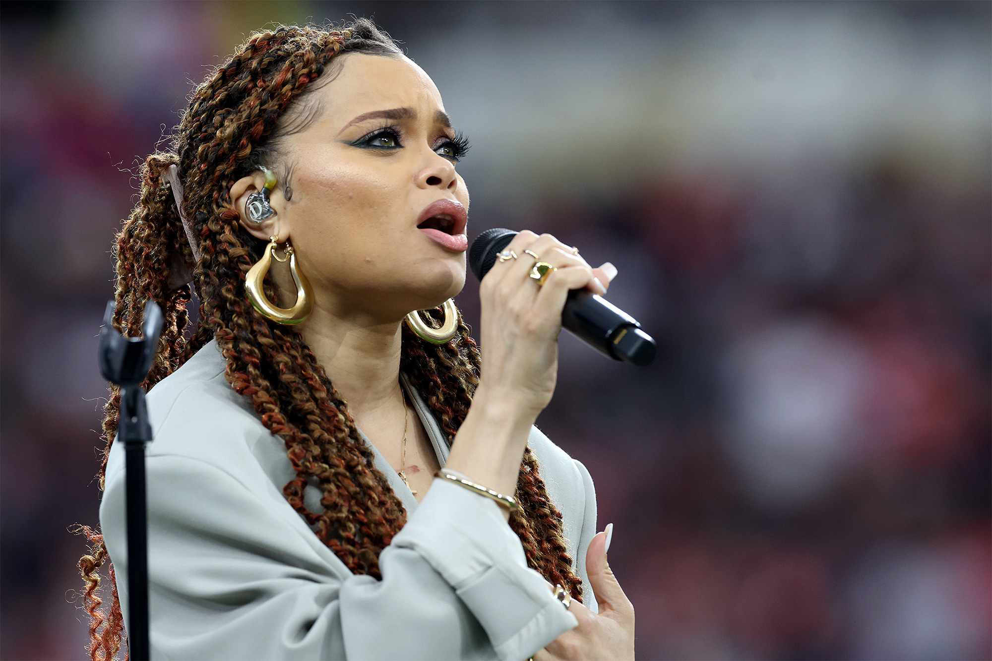 Andra Day Wears an Oversize Taupe Suit to Perform 'Lift Every Voice and