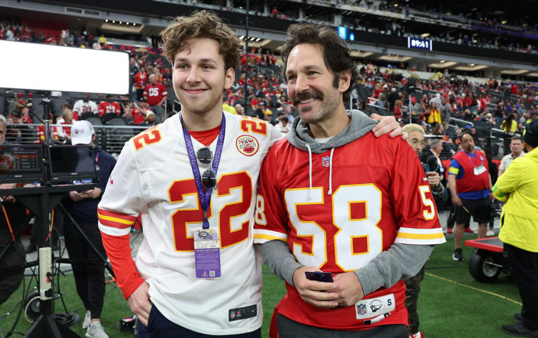 US actor and long-time Kansas City Chiefs fan Paul Rudd appeared on the field sporting a moustache, alongside his teenage son Jack Rudd - JAMIE SQUIRE/GETTY IMAGES