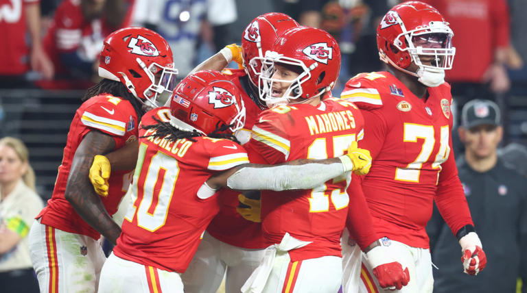 Mahomes and the Chiefs celebrate a touchdown that gave them a 13-10 lead over the 49ers. Mark J. Rebilas/USA TODAY Sports