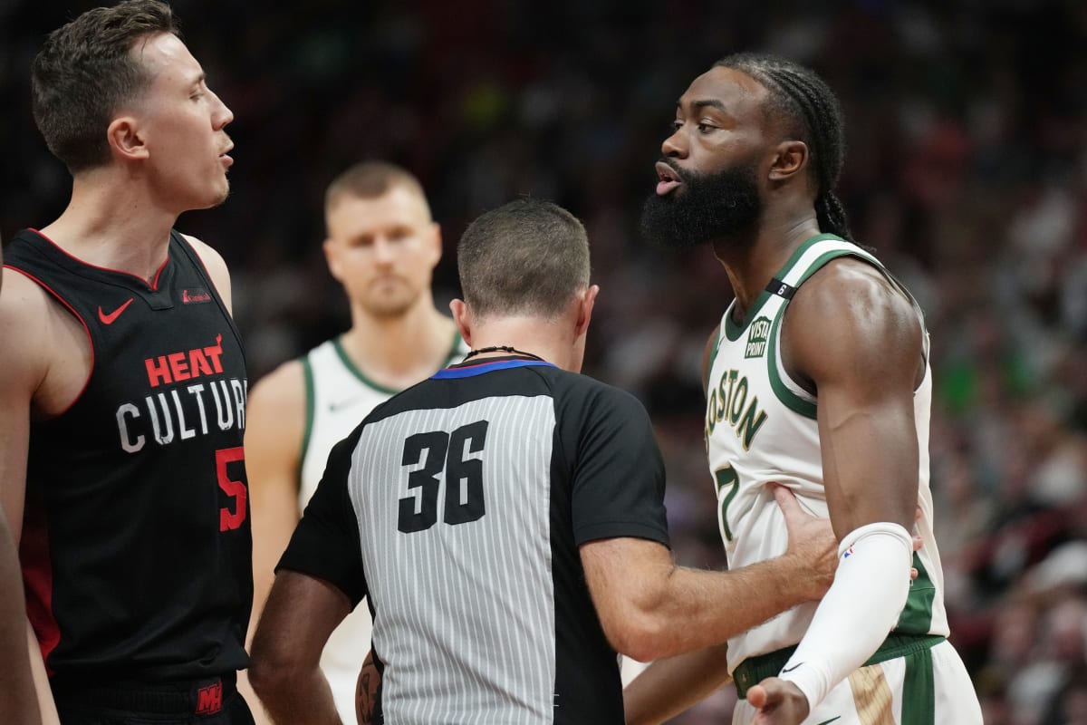 jaylen brown and duncan robinson call each other out after dangerous on-court foul