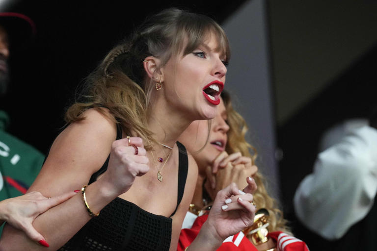Feb 11, 2024; Paradise, Nevada, USA; Recording artist Taylor Swift reacts during the first quarter of Super Bowl LVIII between Kansas City Chiefs and San Francisco 49ers at Allegiant Stadium. Mandatory Credit: Joe Camporeale-USA TODAY Sports